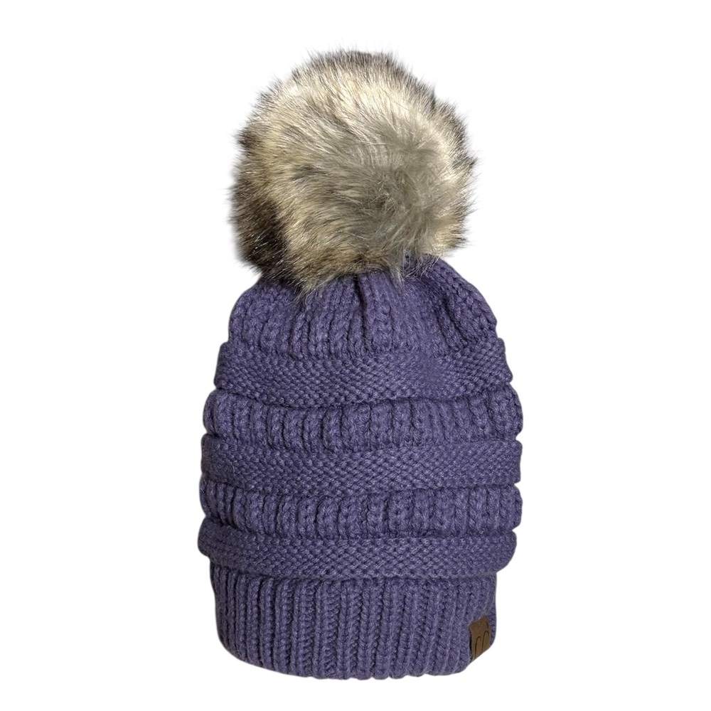 CC Women’s Violet Purple Cable Knit Fur Pom Ski Snow Winter Beanie Hat One Size